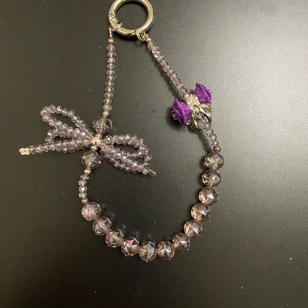 Purple Beaded Phone/Bag Charm with Bow Accent and purple rose - Picture 2 of 5
